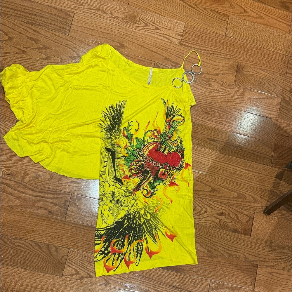 Umgee Yellow Graphic Blouse with Red and Green Accents